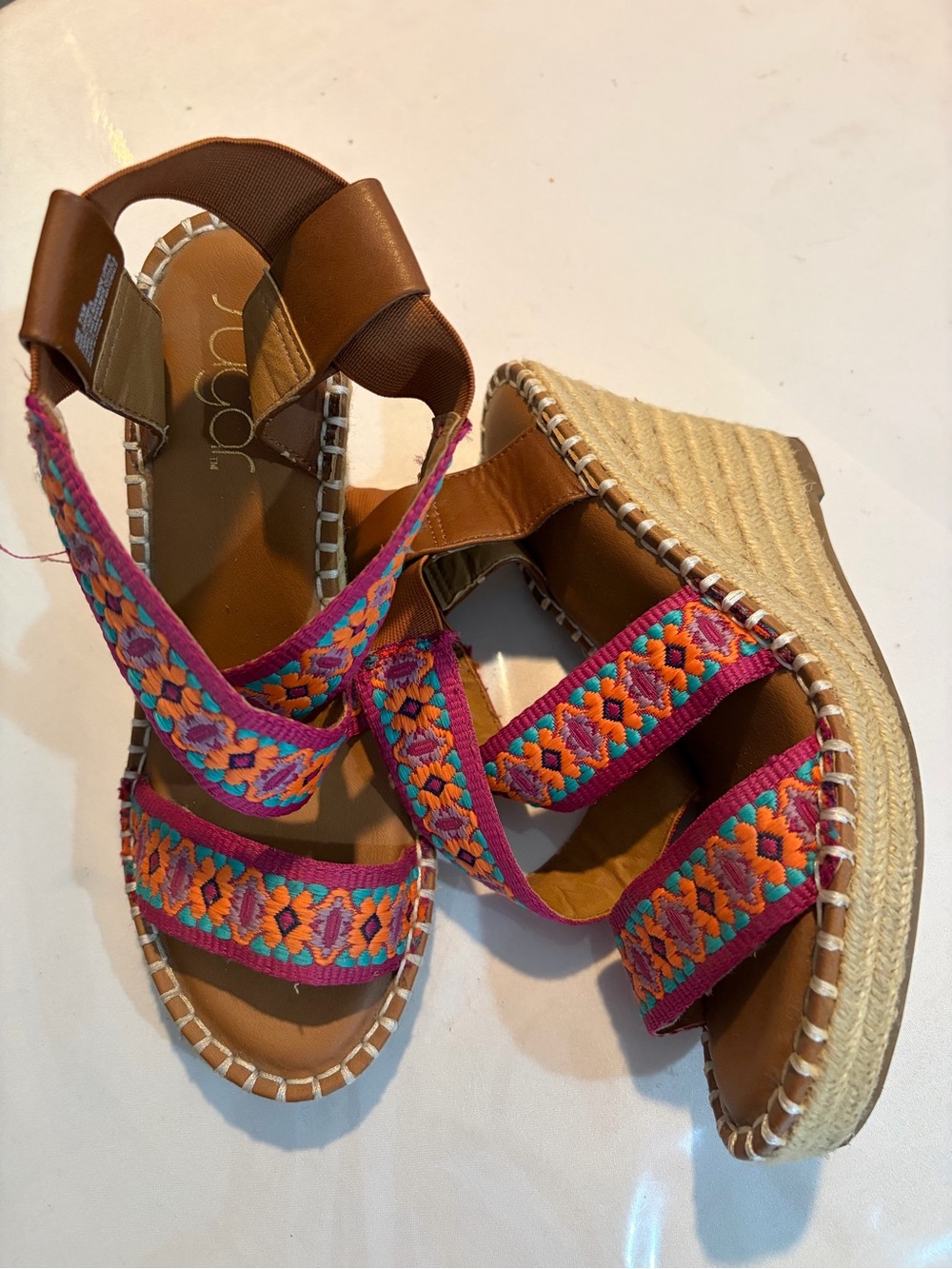Sugar Pink Multicolor Embroidered Espadrille Wedge Sandals